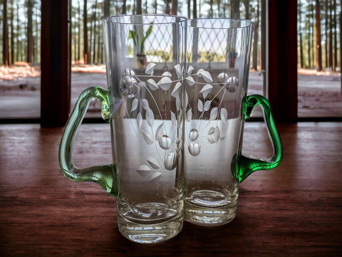 Vintage Etched Glass Mugs: Tall Cocktail Glasses with Green Handles