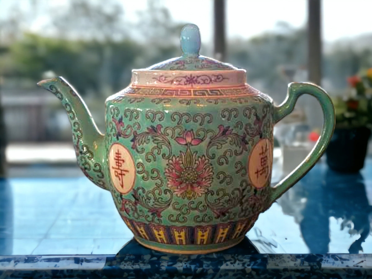 Jingdezhen Mun Shou Turquoise Chinese Tea Set: Famille Rose Longevity
