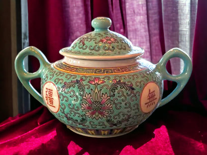 Jingdezhen Mun Shou Turquoise Chinese Tea Set: Famille Rose Longevity
