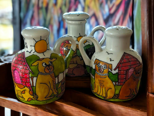 Vintage Hand Painted Dog Cruets: Salt, Pepper, Oil & Vinegar
