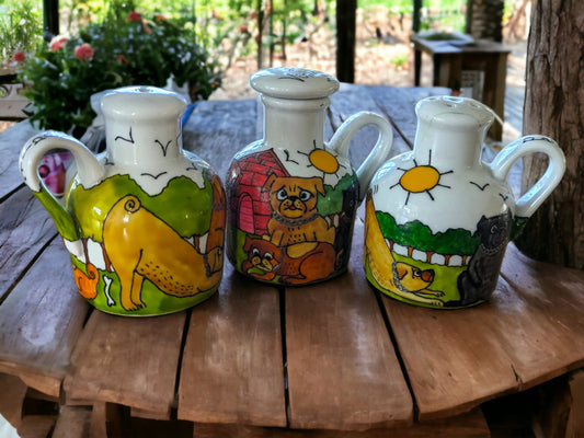 Vintage Hand Painted Dog Cruets: Salt, Pepper, Oil & Vinegar