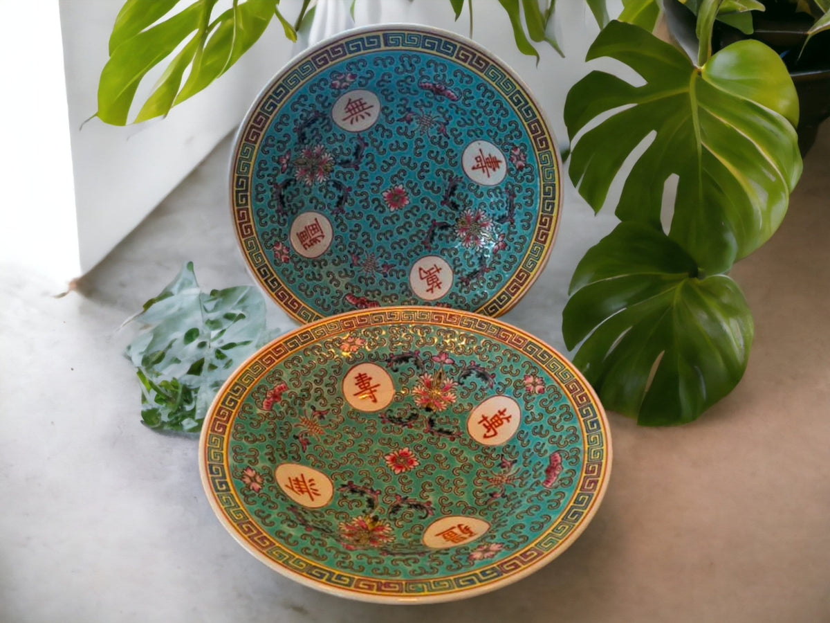 Jingdezhen Mun Shou Turquoise Famille Rose Chinese Dinnerware: Plates, Tureen, Dipping Dishes