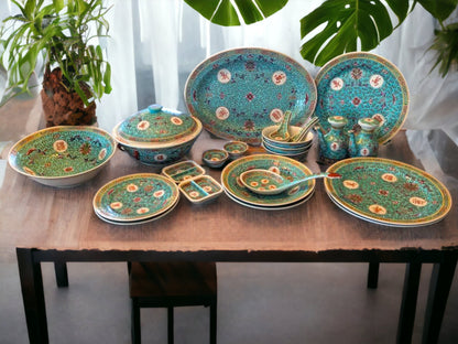Jingdezhen Mun Shou Turquoise Famille Rose Chinese Dinnerware: Plates, Tureen, Dipping Dishes