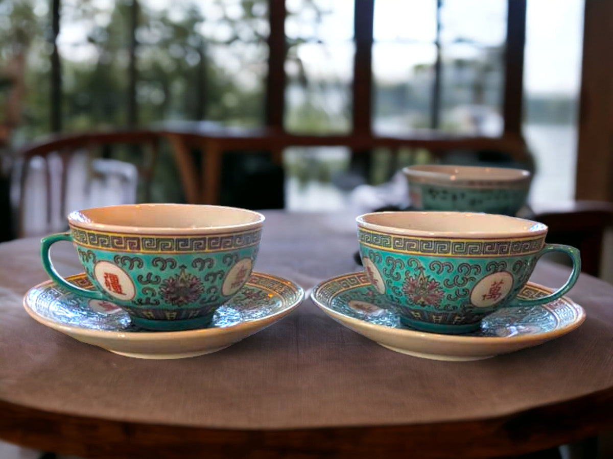 Jingdezhen Mun Shou Turquoise Chinese Tea Set: Famille Rose Longevity