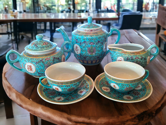 Jingdezhen Mun Shou Turquoise Chinese Tea Set: Famille Rose Longevity