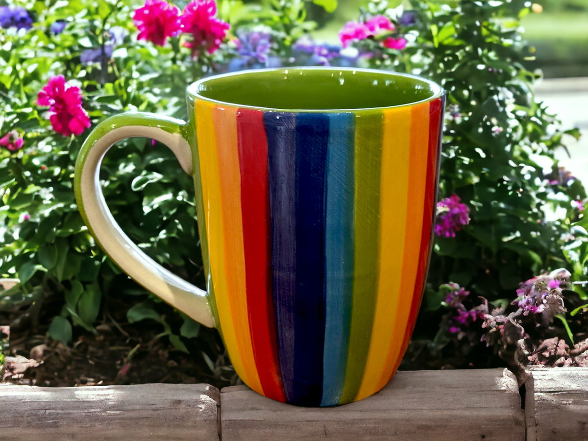 Hand Painted Windhorse Rainbow Mug: Thai Pottery Gift