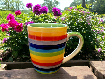 Hand Painted Windhorse Rainbow Mug: Thai Pottery Gift