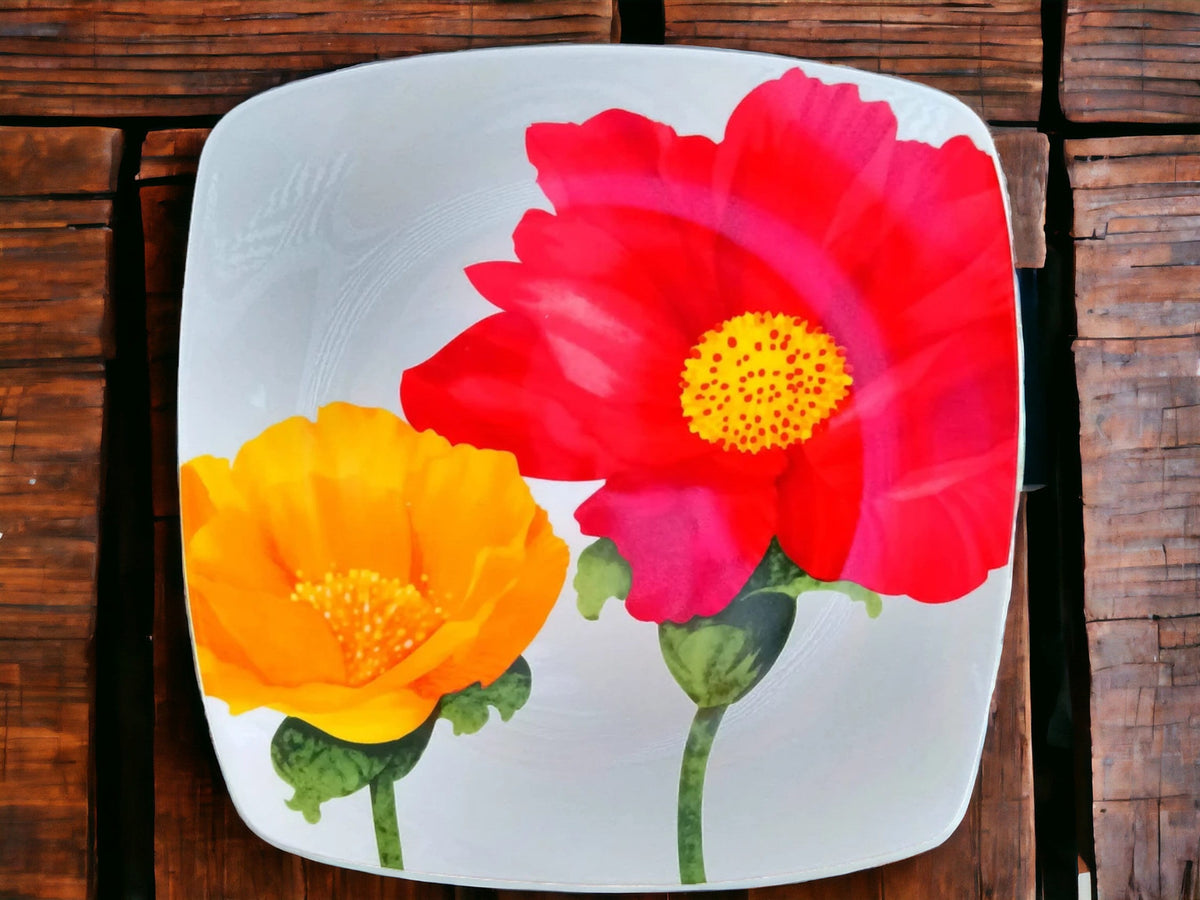 Vintage French Poppy Plate: Square Arc Tableware (26x26cm)