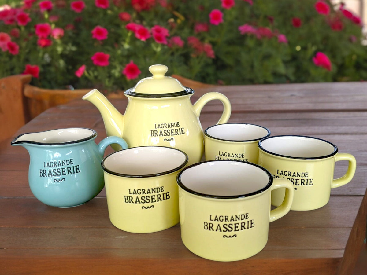 Vintage Style Tea Set: Maltese Ceramics, Yellow & Blue, Country Kitchen