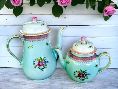 Vintage Adams Ironstone Calyx Teapot and Coffee Pot: Duck Egg Blue Floral Pottery
