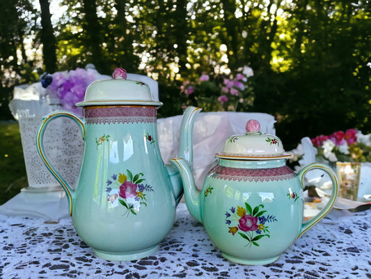 Vintage Adams Ironstone Calyx Teapot and Coffee Pot: Duck Egg Blue Floral Pottery