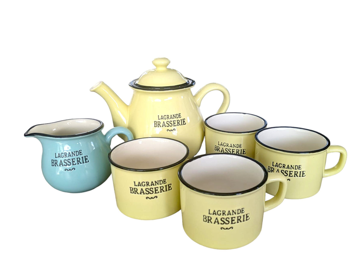 Vintage Style Tea Set: Maltese Ceramics, Yellow & Blue, Country Kitchen