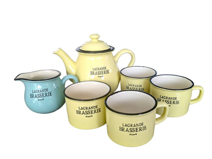 Vintage Style Tea Set: Maltese Ceramics, Yellow & Blue, Country Kitchen