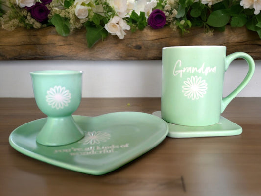 Mint Green Grandma Breakfast Set: Vintage Mug, Plate, Egg Cup