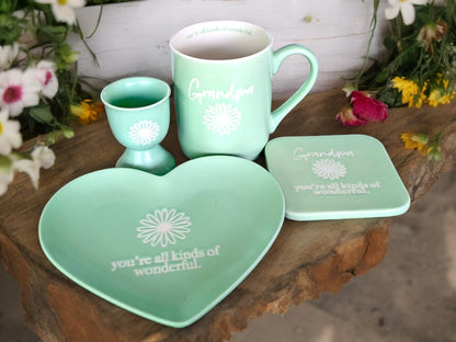 Mint Green Grandma Breakfast Set: Vintage Mug, Plate, Egg Cup