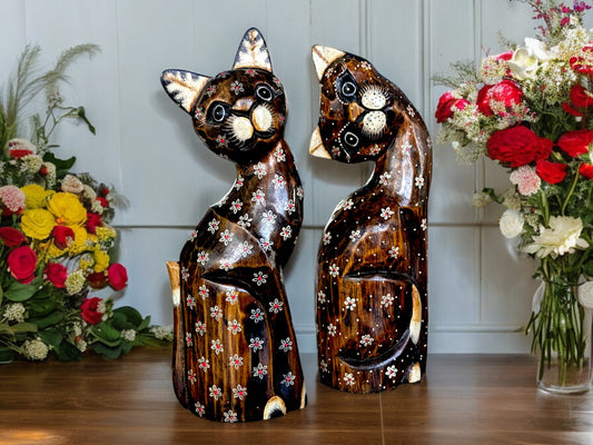 Vintage Cat Ornament Pair: Wood & Ceramic Figurine Set
