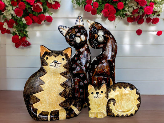 Vintage Cat Ornament Pair: Wood & Ceramic Figurine Set