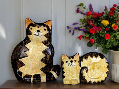 Vintage Cat Ornament Pair: Wood & Ceramic Figurine Set