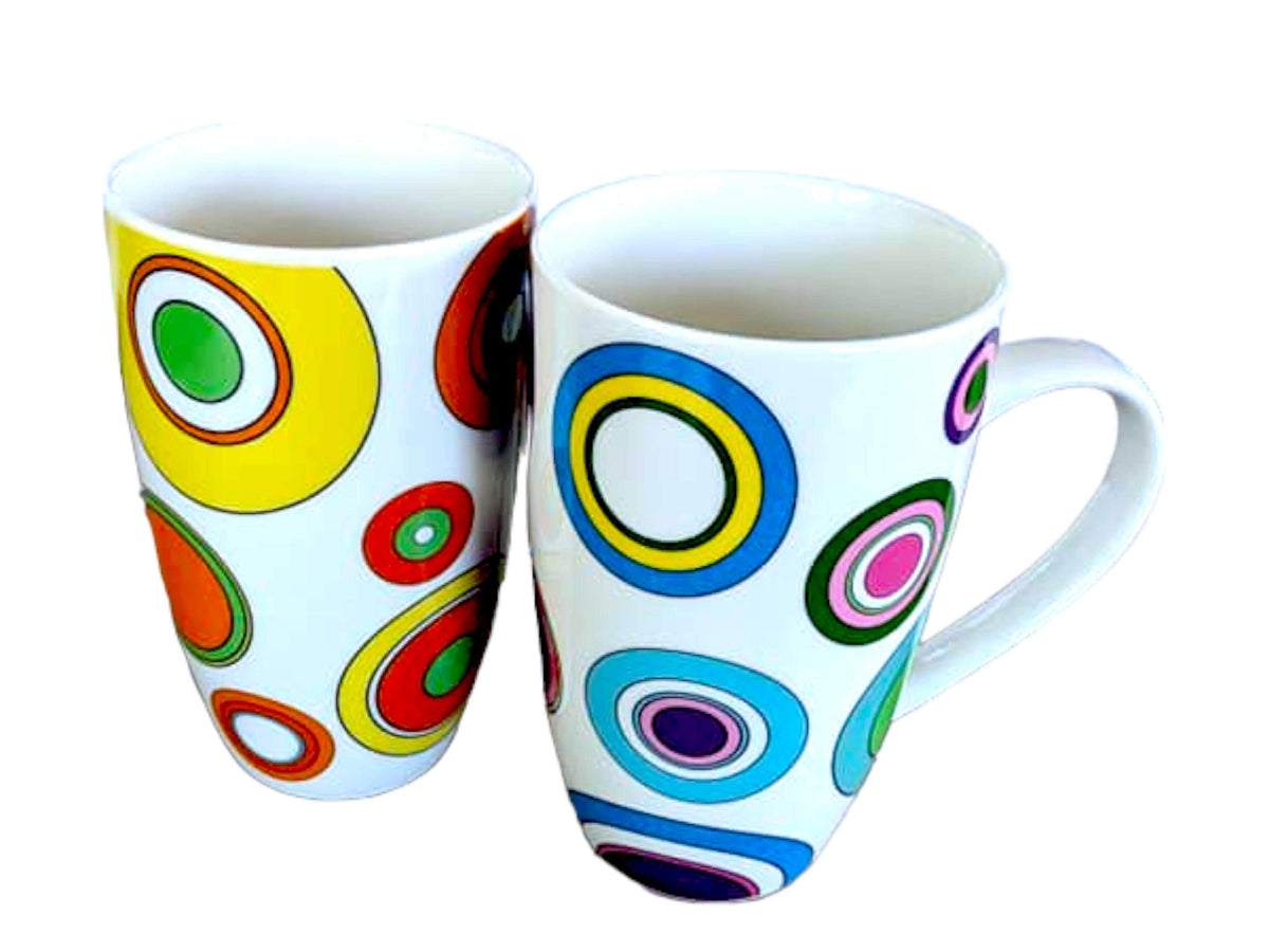 Retro Circle Mugs: Brightly Colored Ceramic Pair