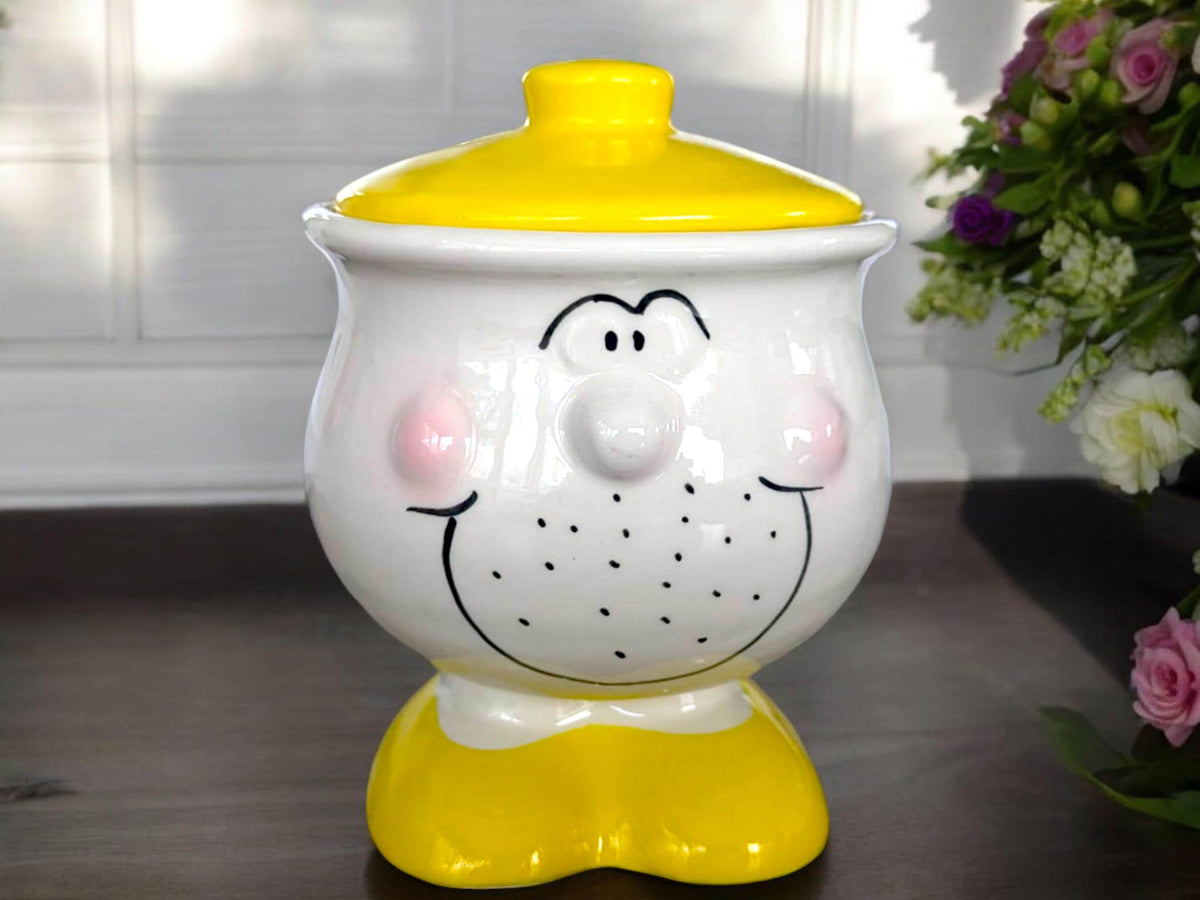 Lidded Sugar Bowl, Funny Face, Novelty, Ceramic, White, Yellow, Vinatge China, Replacement