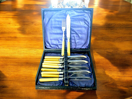 Vintage Silver Plated Fish Forks Set: Mid Century Cutlery, Original Box