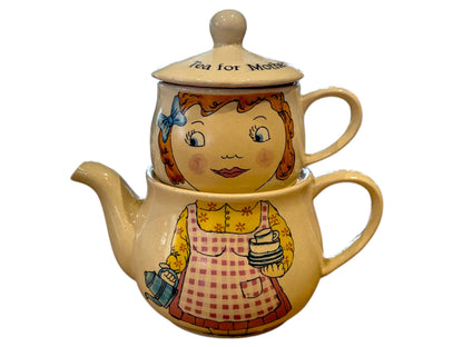 Vintage Girl Tea for One Set – Whimsical “Tea for Mother” Ceramic Teapot & Cup Duo