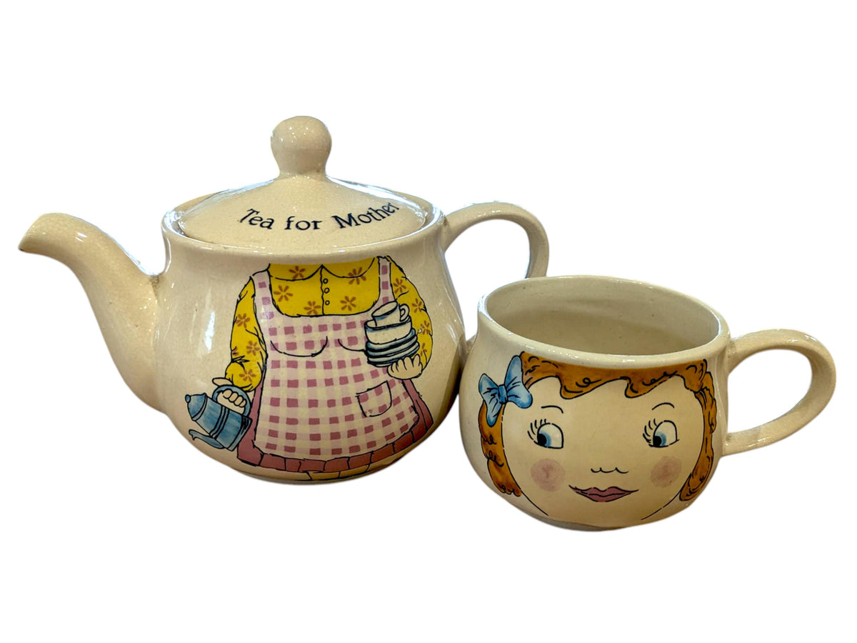 Vintage Girl Tea for One Set – Whimsical “Tea for Mother” Ceramic Teapot & Cup Duo