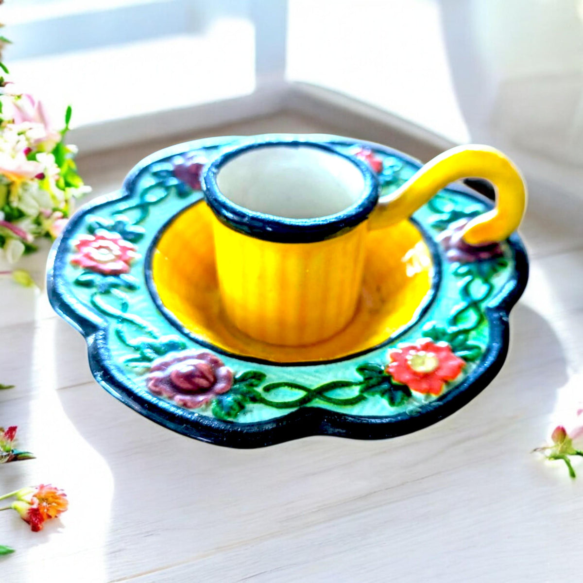 Vintage Maruhon Ware Candle Holder: Hand-Painted Floral Chamberstick, 1930s