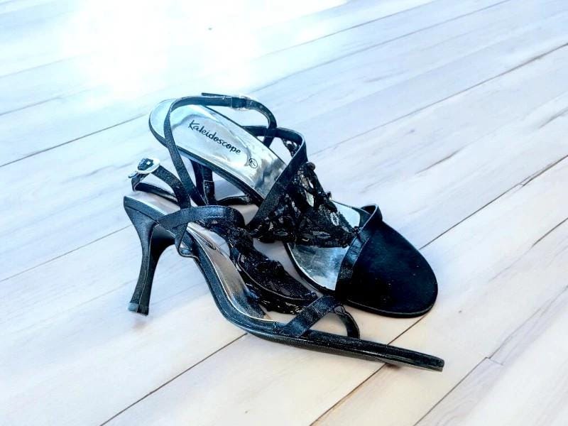 Ladies Kaleidoscope Black and Mesh Heeled Sandals 7, Party Shoes, Occasion Shoes, Size 7 Shoes, Vintage Style, Vintage Fashion