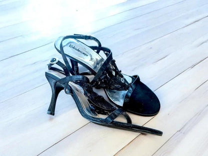 Ladies Kaleidoscope Black and Mesh Heeled Sandals 7, Party Shoes, Occasion Shoes, Size 7 Shoes, Vintage Style, Vintage Fashion
