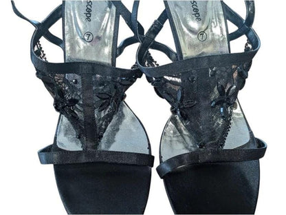 Ladies Kaleidoscope Black and Mesh Heeled Sandals 7, Party Shoes, Occasion Shoes, Size 7 Shoes, Vintage Style, Vintage Fashion