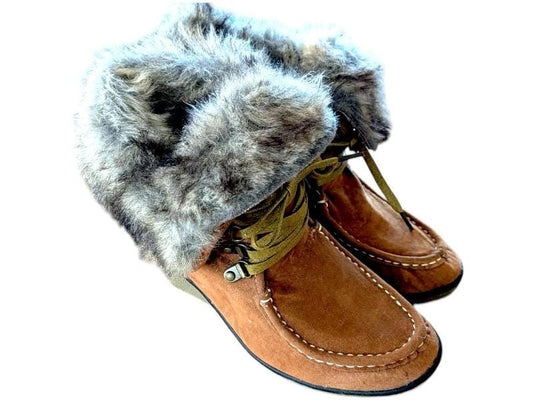 Vintage Suede Ankle Boots: Fur Topped Wedged Heel, Size 7
