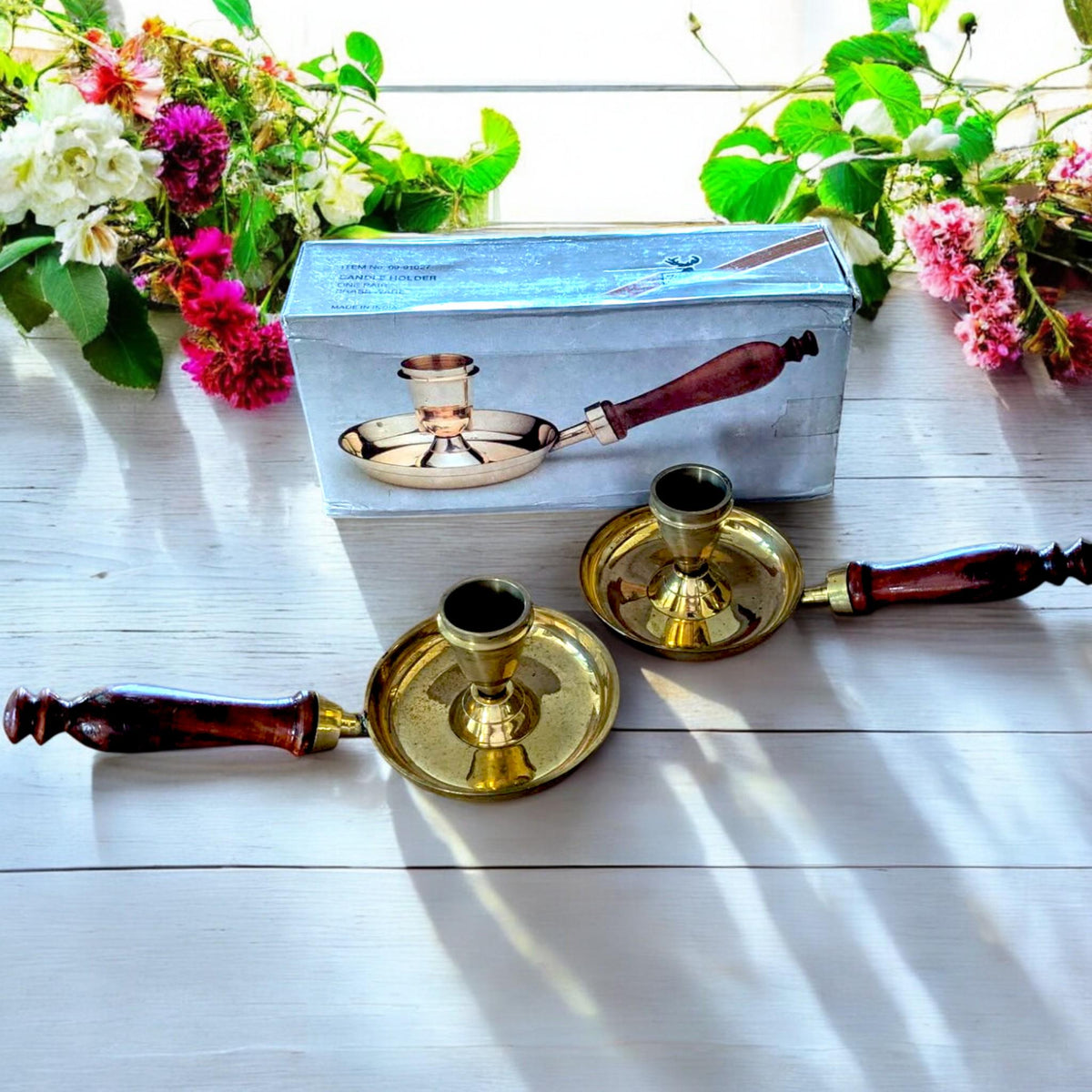 Vintage Brass & Wood Candle Holders: Highland Style Pair