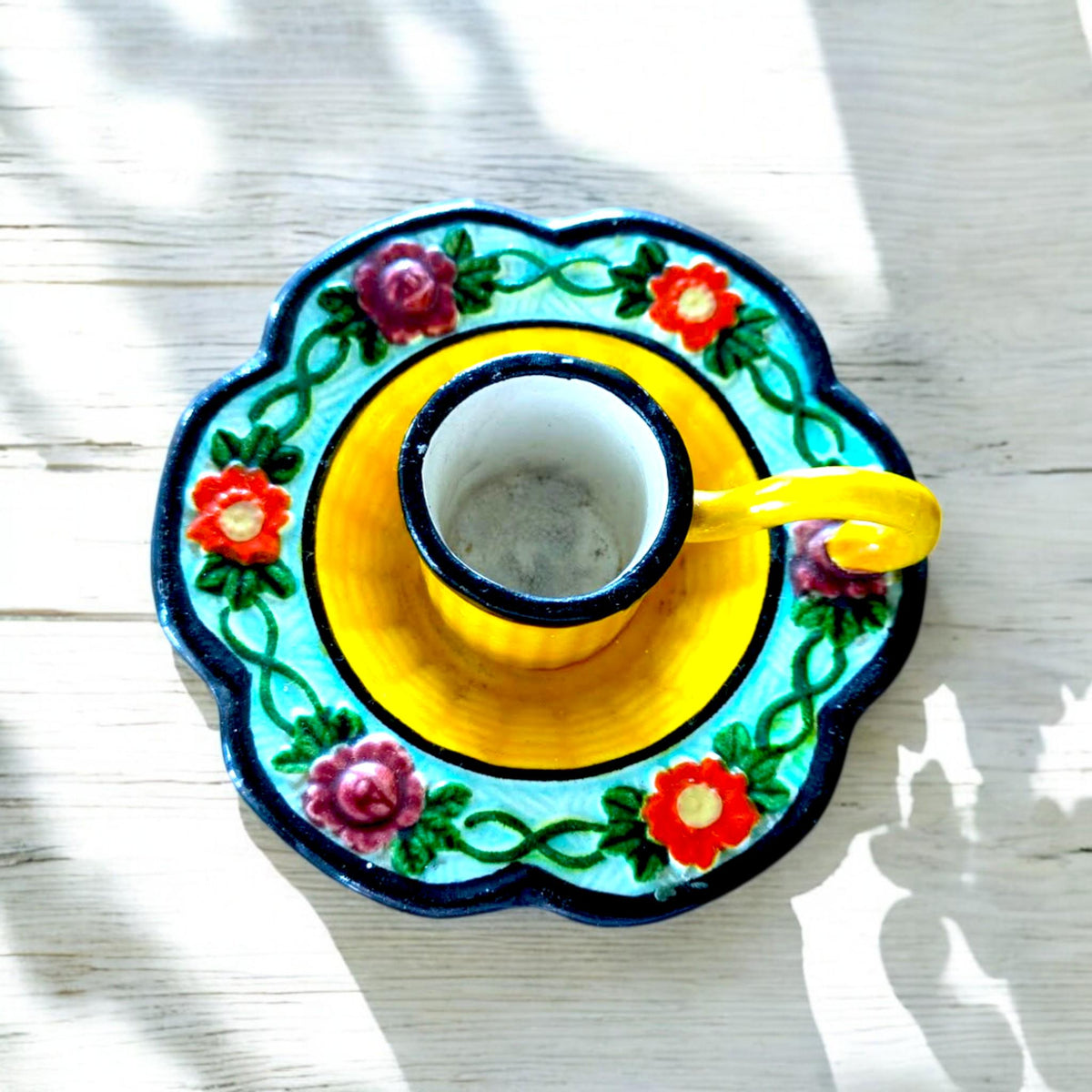 Vintage Maruhon Ware Candle Holder: Hand-Painted Floral Chamberstick, 1930s