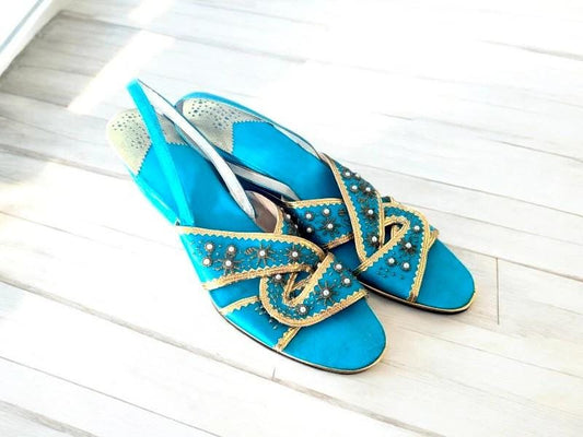 Vintage 1960s Ferragamo Slides: Blue Metallic Boudoir Slippers, Size 7