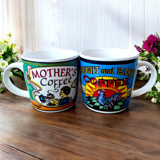 Vintage Stoneware Coffee Mugs: Mother's Coffee & Bright and Early, Set of 2