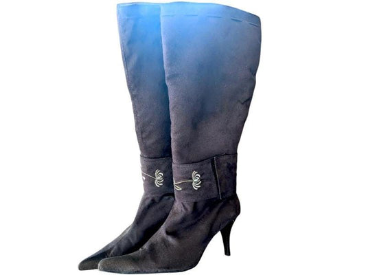 Vintage Brown Suede Knee High Boots, Floral Detail, Size 7