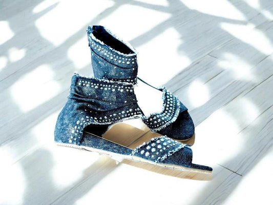 Vintage Sergio Lodzi Denim Ankle Boots: Studded Size 7 Shoes
