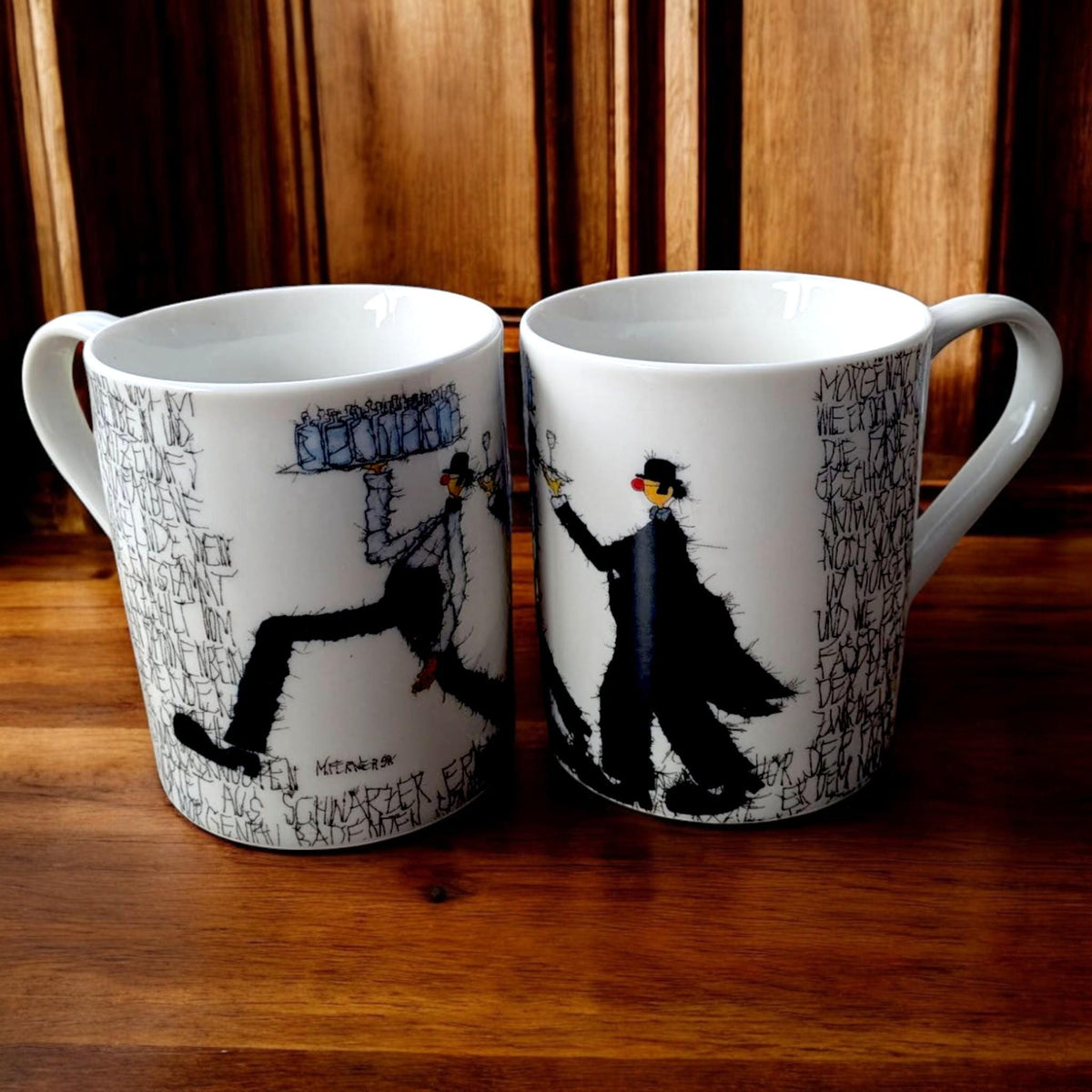 Vintage Michael Ferner Clown Waiter Mugs - Collectible Pair