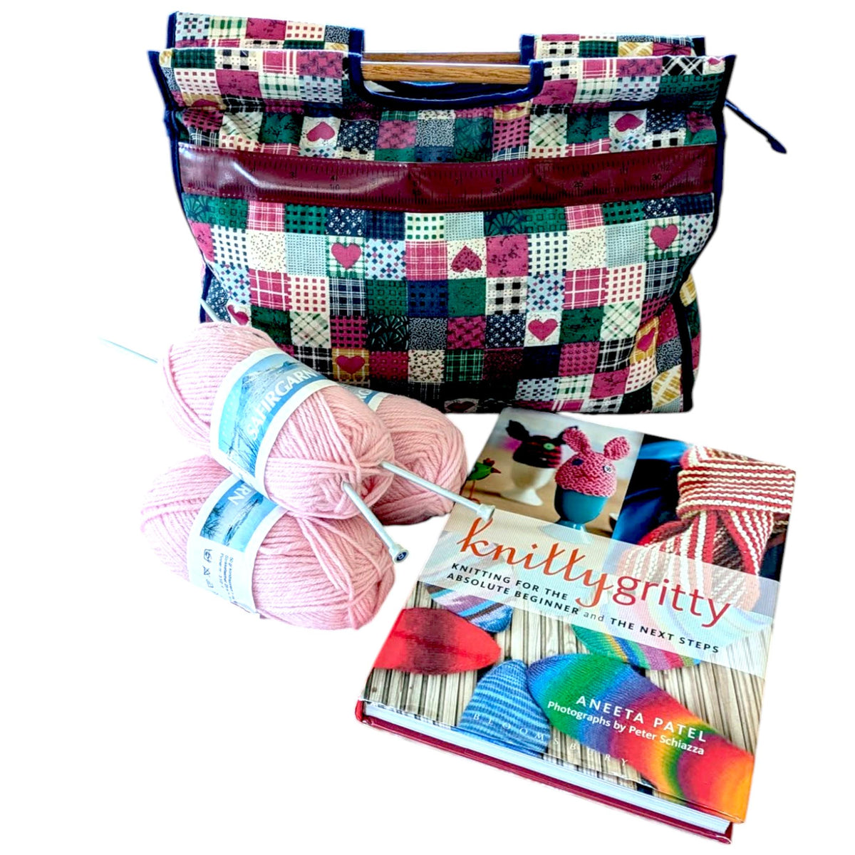 Vintage Patchwork Sewing Box & Knitting Bag Set with Contents