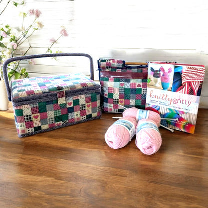 Vintage Patchwork Sewing Box & Knitting Bag Set with Contents