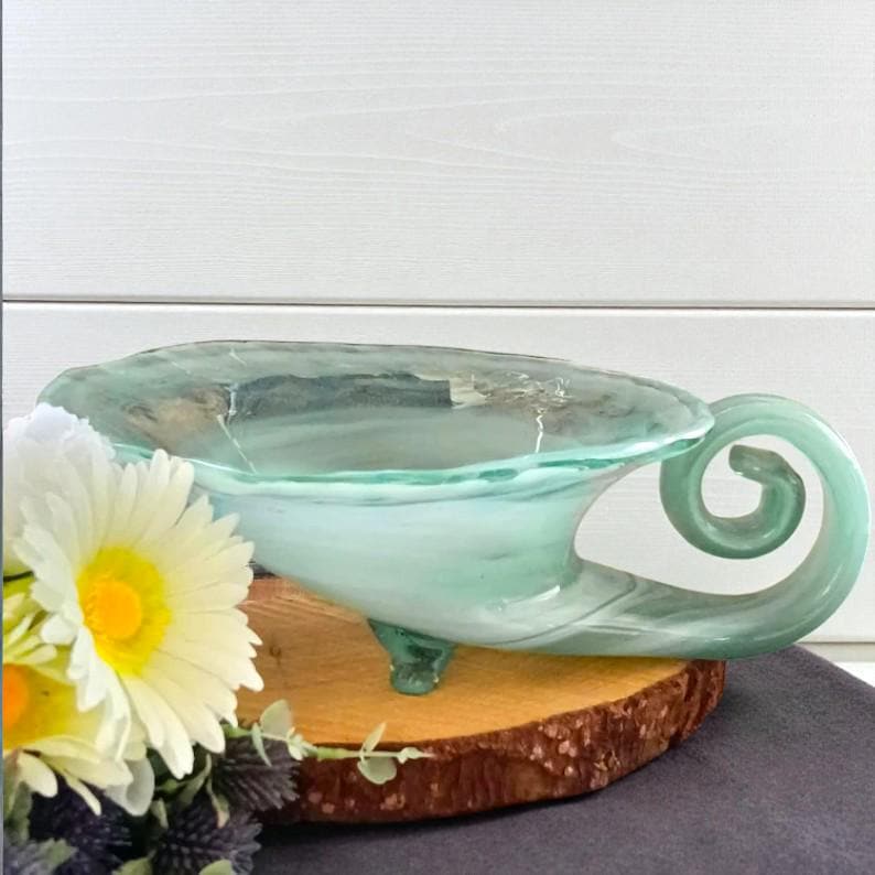 Vintage Green & White Swirl Glass Table Centrepiece: Ornamental Candle Holder