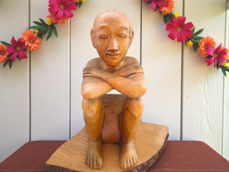 Carved Wood Thinking Man Sculpture: African Thai Decor