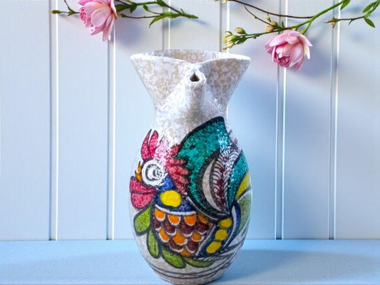 Vintage Portuguese Pottery Jug: Cockerel Design Vase