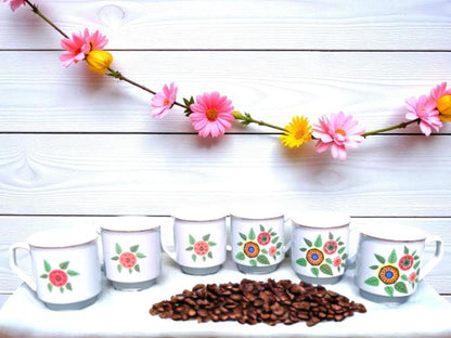 Vintage Polish Porcelain Mugs: Retro Floral Design, Set of 6