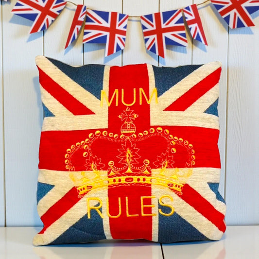 Union Jack Vintage Cushion | Mum Rules Pillow | British Flag Home Decor