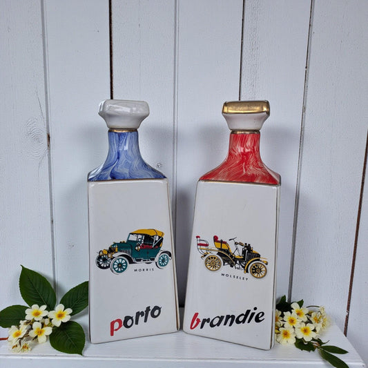 Vintage Loucarte Porto & Brandy Decanters  – Retro Ceramic Barware with Classic Car Design, Mid-Century Style