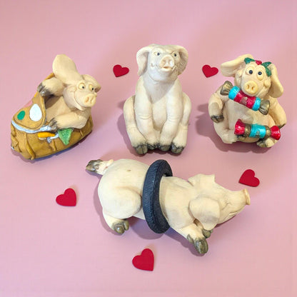Vintage Piggin Figurines  – Boxed Cute Pig Ornaments, Tired, Stubborn, Holidays, Crackers