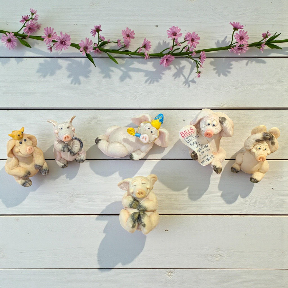 Vintage Piggin Figurines  – Boxed Cute Pig Ornaments, Hero, Bills, High Flyer, Good Luck, Relax, Parties