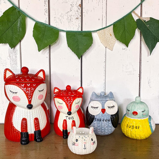 Woodland Animal Canister Set, Fox, Owl, Bird, Rabbit, Egg Cups
